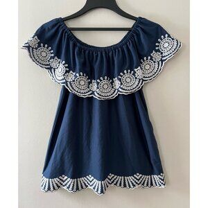 Fever Sz S Navy Blue Pullover Off the Peasant Blouse White Floral Embroidery